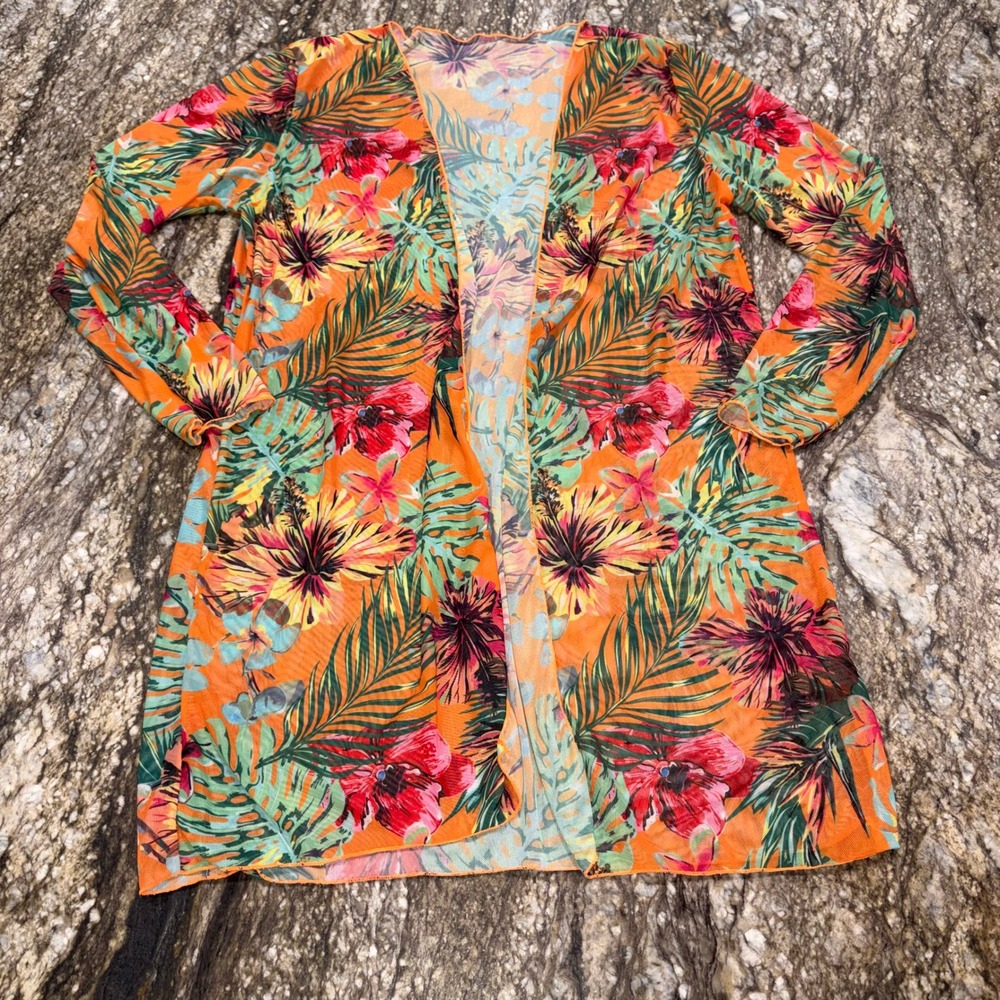 Tropical‎ Floral Mesh Beach Swim Cover Up Cardigan Womens Large Orange Unbranded - Picture 2 of 6